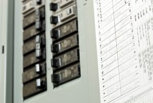 Close-up of a tripped circuit breaker in an electrical panel. If you're facing issues, find expert assistance with an electrician near me.